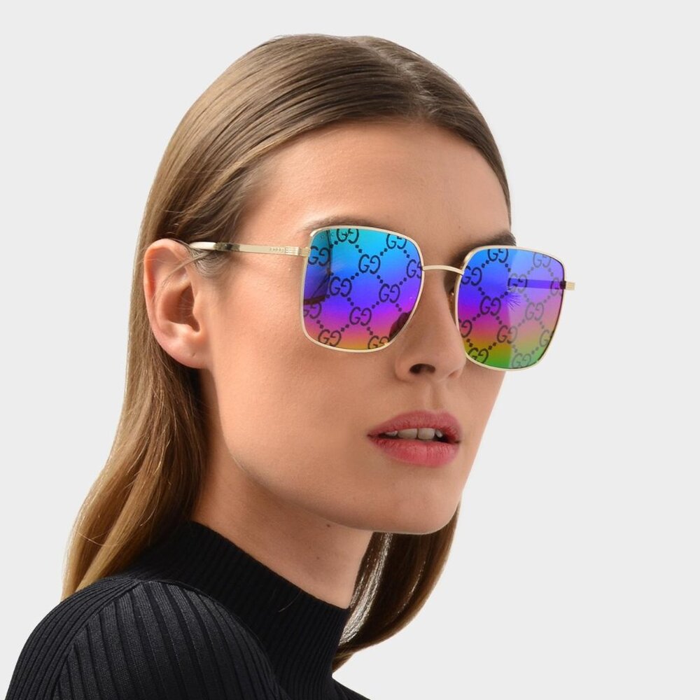 Gucci Women Sunglasses Gold Multicolor GG Pattern Mirror Square GG0802S 004 NEW